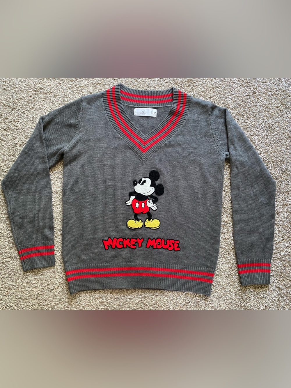 Disney Mickey Mouse Varsity Sweater Womens Size Large Grey Red Stripe V-Neck